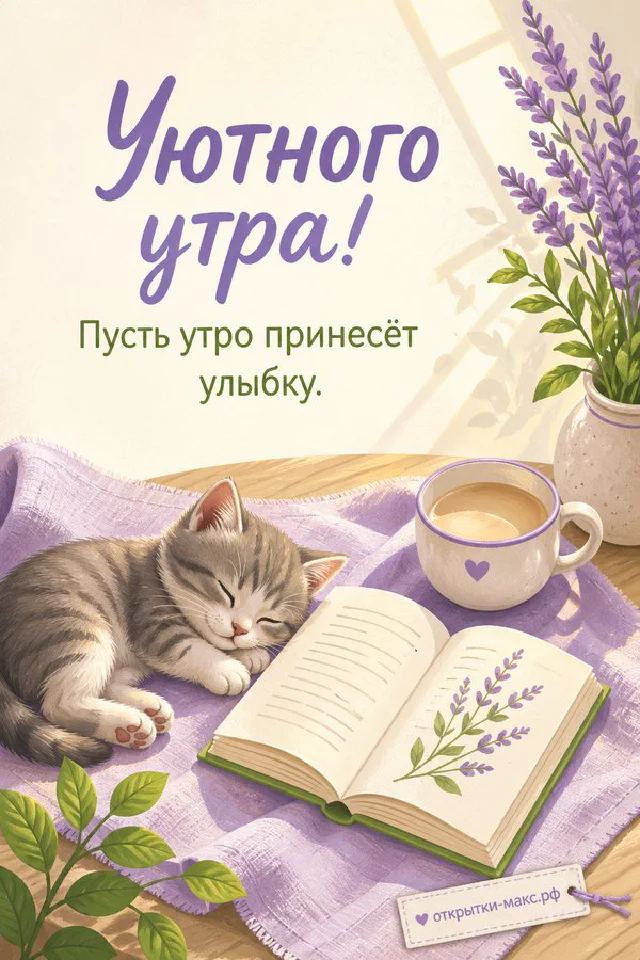 Спящий рыжий с белым кот калачиком на вязаном пледе рядом с голубой книгой и открыткой «Уютного утра» — вариант 2
