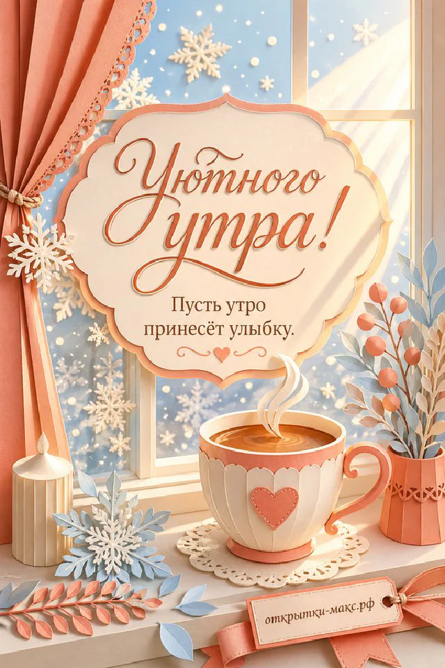 Спящий рыжий с белым кот калачиком на вязаном пледе рядом с голубой книгой и открыткой «Уютного утра» — вариант 7