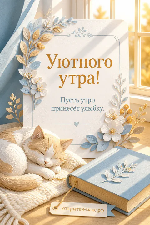 Спящий рыжий с белым кот калачиком на вязаном пледе рядом с голубой книгой и открыткой «Уютного утра»