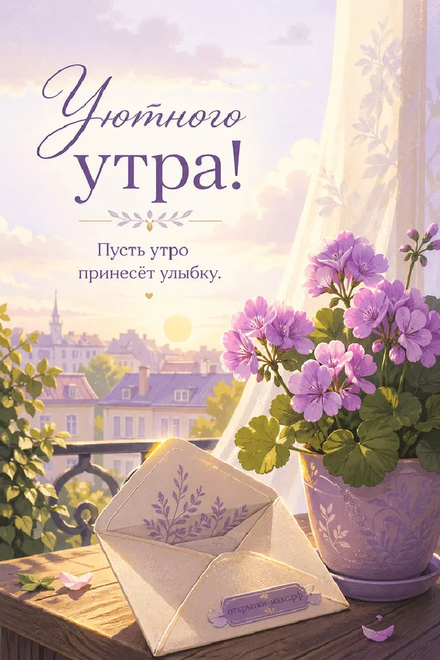 Спящий рыжий с белым кот калачиком на вязаном пледе рядом с голубой книгой и открыткой «Уютного утра» — вариант 3