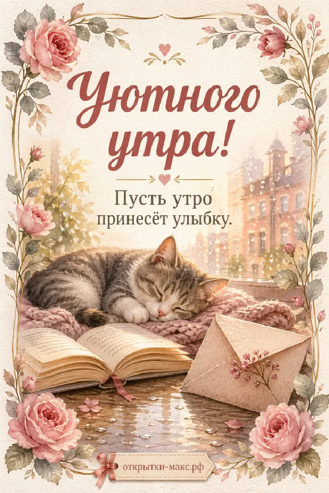 Спящий рыжий с белым кот калачиком на вязаном пледе рядом с голубой книгой и открыткой «Уютного утра» — вариант 5