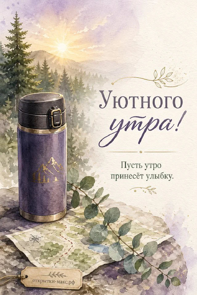 Спящий рыжий с белым кот калачиком на вязаном пледе рядом с голубой книгой и открыткой «Уютного утра» — вариант 6