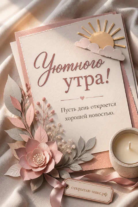 Открытка-коллаж со свечой, бумажными цветами и солнцем с надписью «Уютного утра, пусть день откроется хорошей новостью»