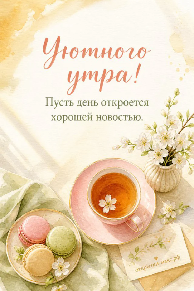 Открытка-коллаж со свечой, бумажными цветами и солнцем с надписью «Уютного утра, пусть день откроется хорошей новостью» — вариант 2