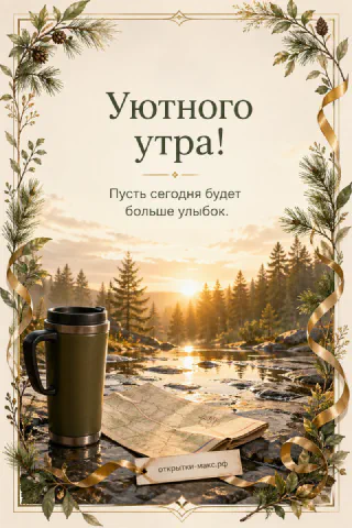 Термос с горячим напитком на тёплом столе, надпись «Уютного утра»