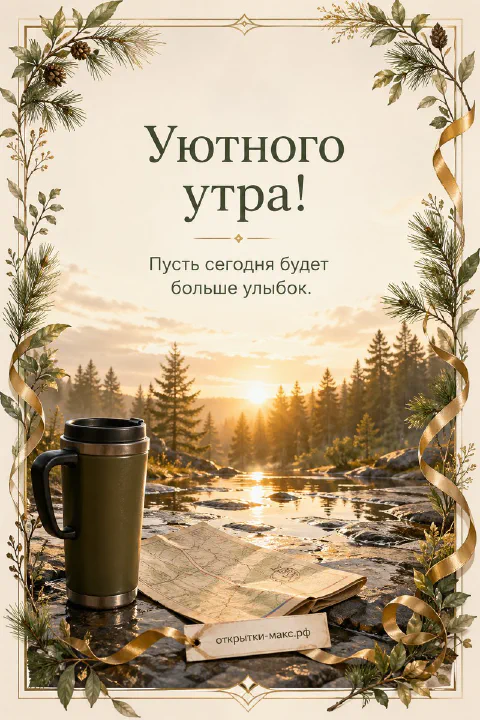 Термос с горячим напитком на тёплом столе, надпись «Уютного утра»