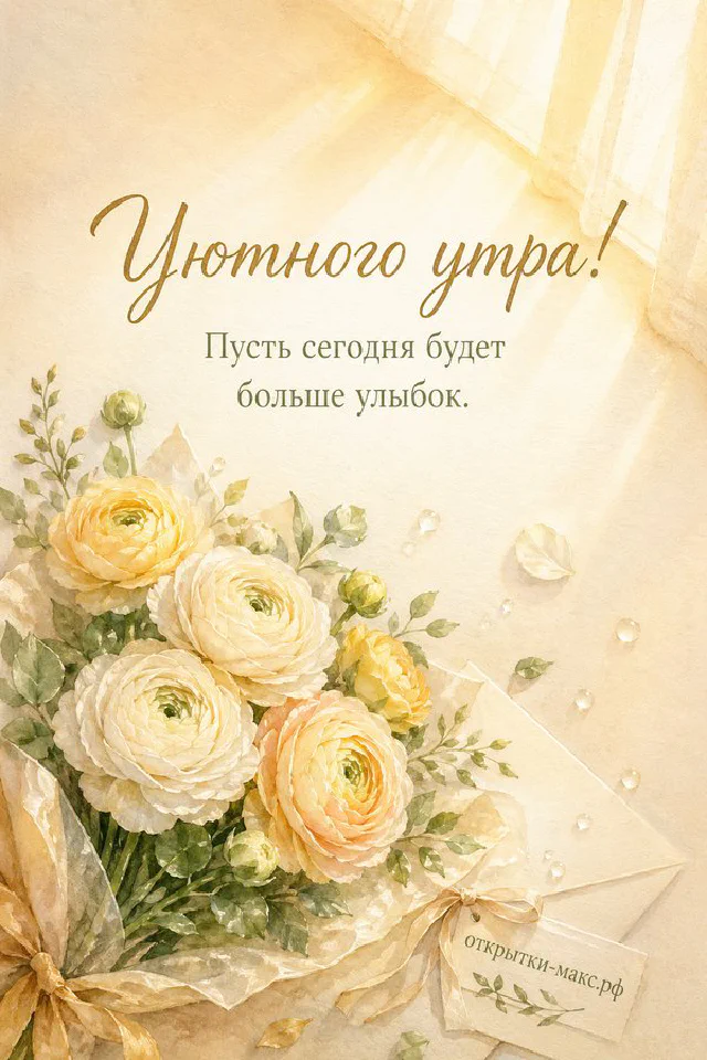 Термос с горячим напитком на тёплом столе, надпись «Уютного утра» — вариант 3
