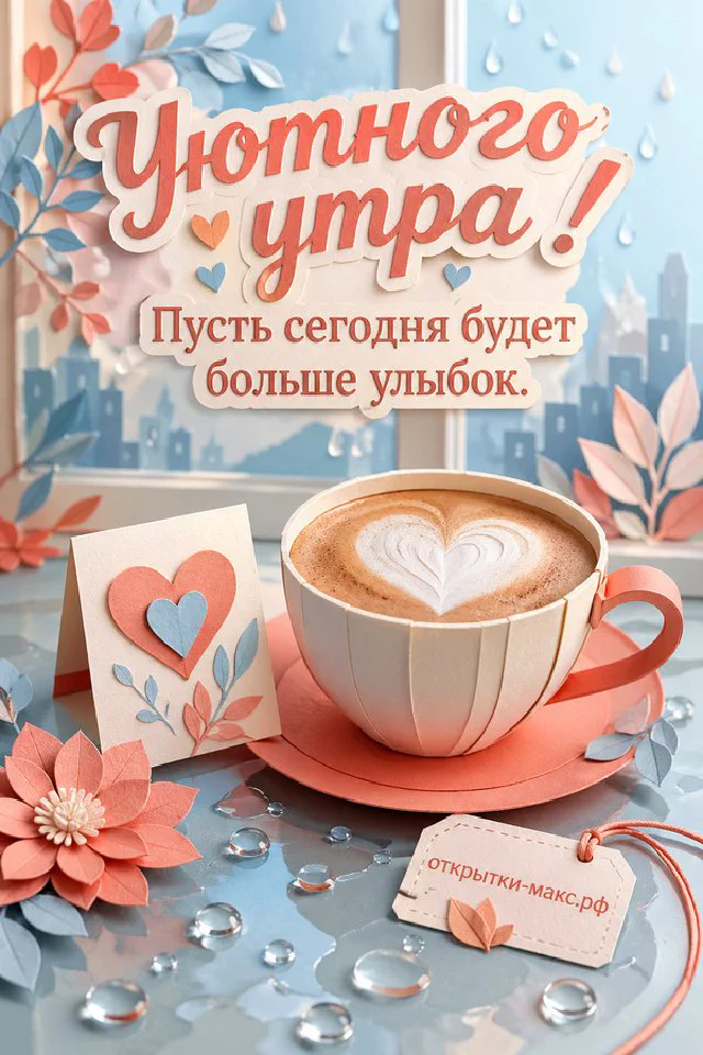 Термос с горячим напитком на тёплом столе, надпись «Уютного утра» — вариант 4