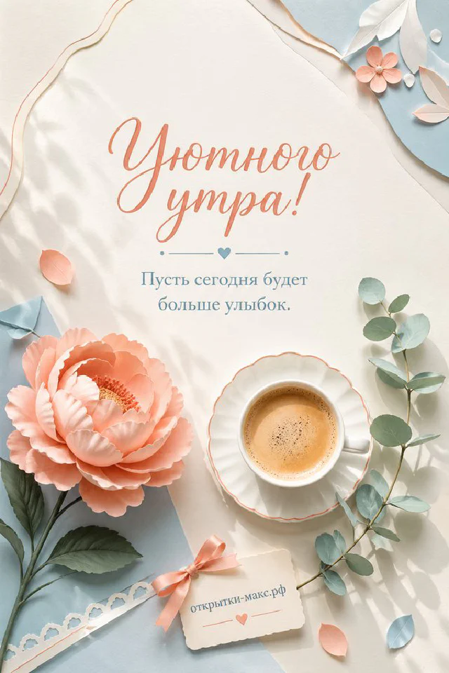 Термос с горячим напитком на тёплом столе, надпись «Уютного утра» — вариант 5