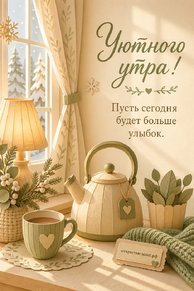 Термос с горячим напитком на тёплом столе, надпись «Уютного утра» — вариант 6