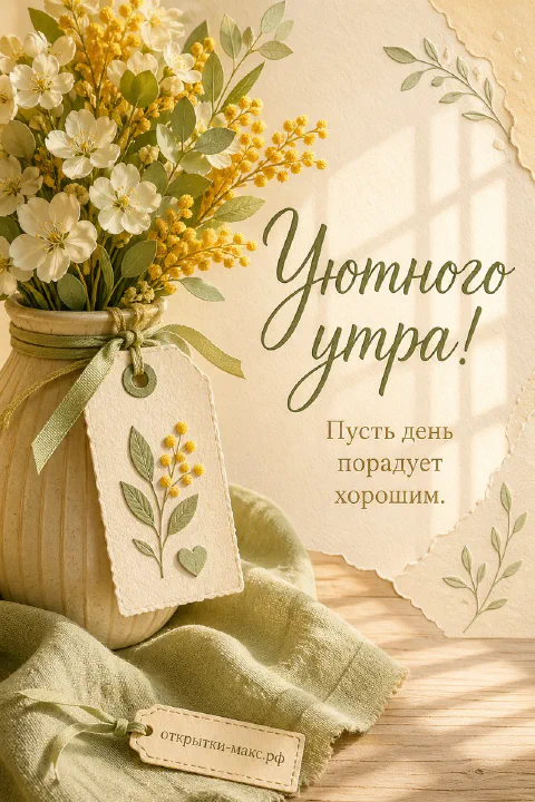 Керамическая ваза с белыми и жёлтыми цветами на оливковом пледе, рядом бирка с веточкой и сердцем, надпись «Уютного утра»