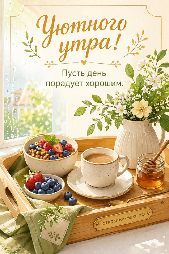 Керамическая ваза с белыми и жёлтыми цветами на оливковом пледе, рядом бирка с веточкой и сердцем, надпись «Уютного утра» — вариант 3