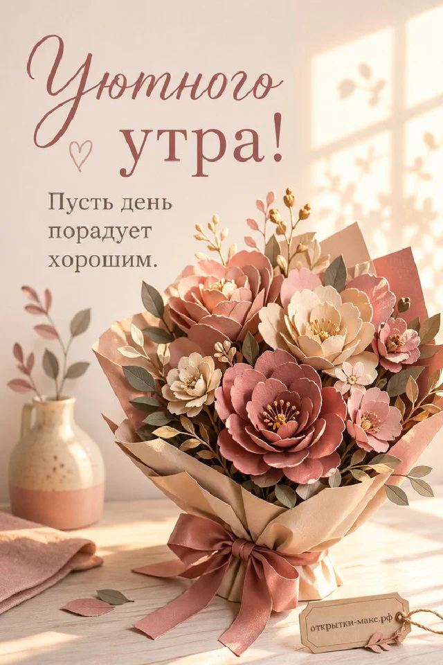 Керамическая ваза с белыми и жёлтыми цветами на оливковом пледе, рядом бирка с веточкой и сердцем, надпись «Уютного утра» — вариант 2