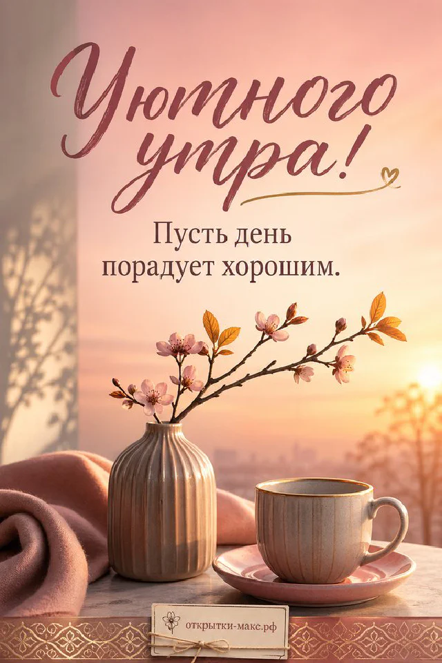 Керамическая ваза с белыми и жёлтыми цветами на оливковом пледе, рядом бирка с веточкой и сердцем, надпись «Уютного утра» — вариант 4