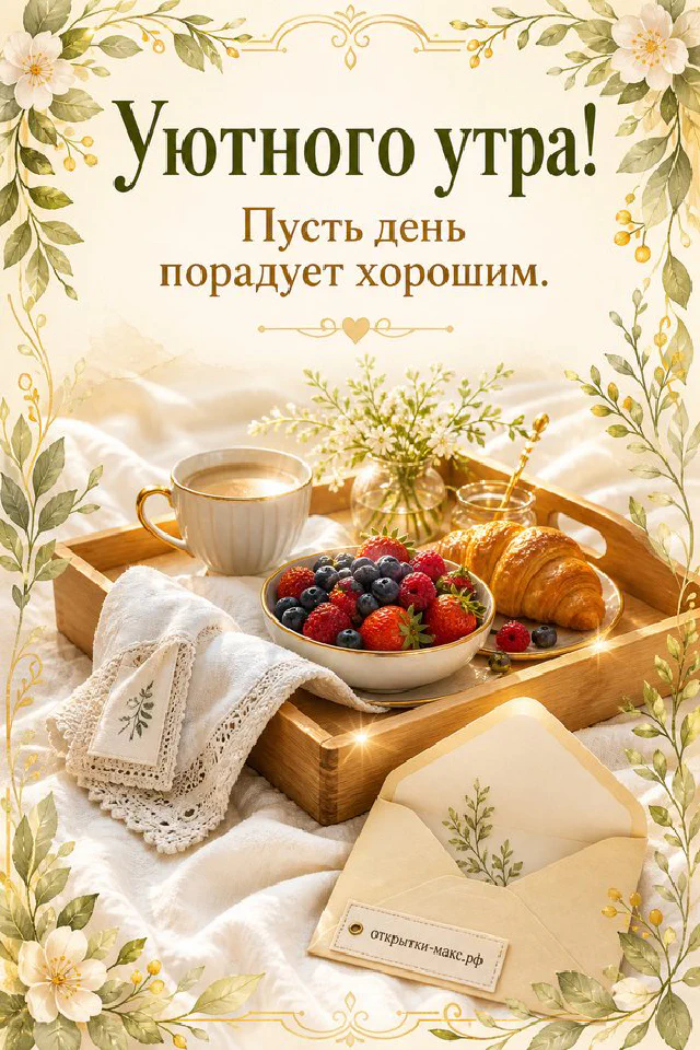 Керамическая ваза с белыми и жёлтыми цветами на оливковом пледе, рядом бирка с веточкой и сердцем, надпись «Уютного утра» — вариант 6