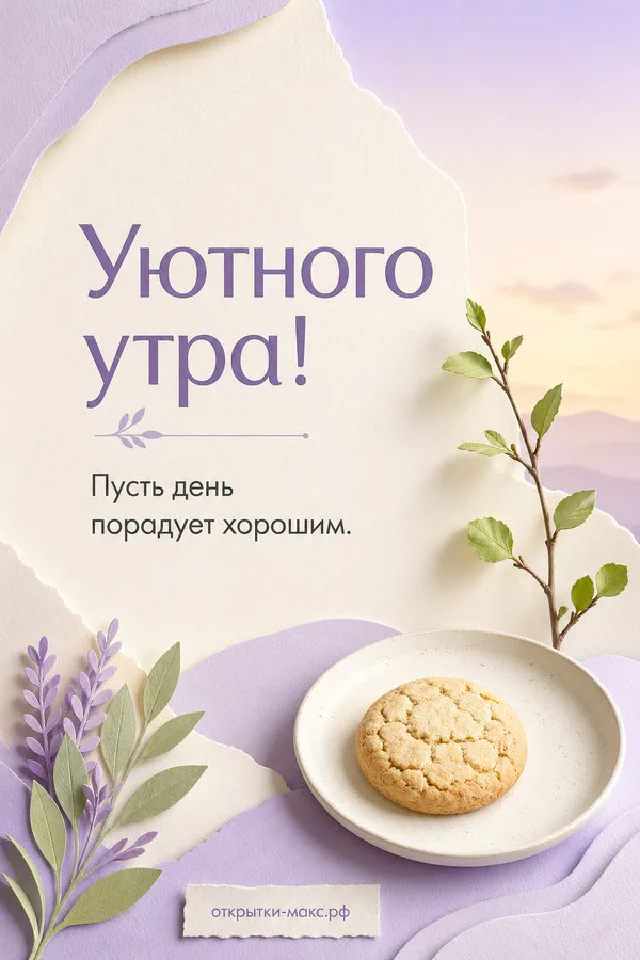 Керамическая ваза с белыми и жёлтыми цветами на оливковом пледе, рядом бирка с веточкой и сердцем, надпись «Уютного утра» — вариант 7
