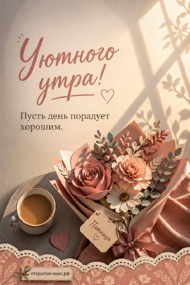 Керамическая ваза с белыми и жёлтыми цветами на оливковом пледе, рядом бирка с веточкой и сердцем, надпись «Уютного утра» — вариант 8