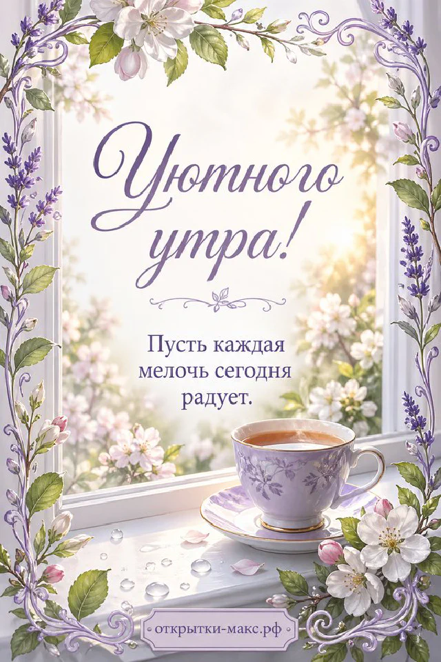 Ваза с садовыми цветами в утреннем свете, надпись «Уютного утра», акварель — вариант 3