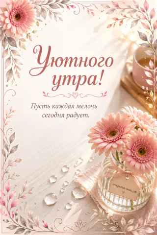 Ваза с садовыми цветами в утреннем свете, надпись «Уютного утра», акварель