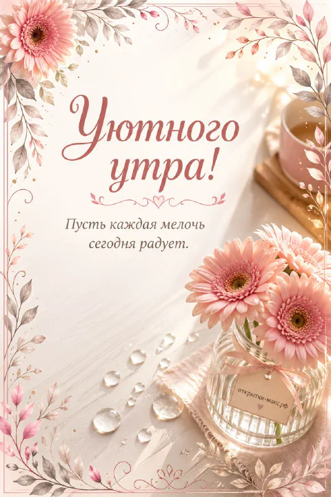 Ваза с садовыми цветами в утреннем свете, надпись «Уютного утра», акварель