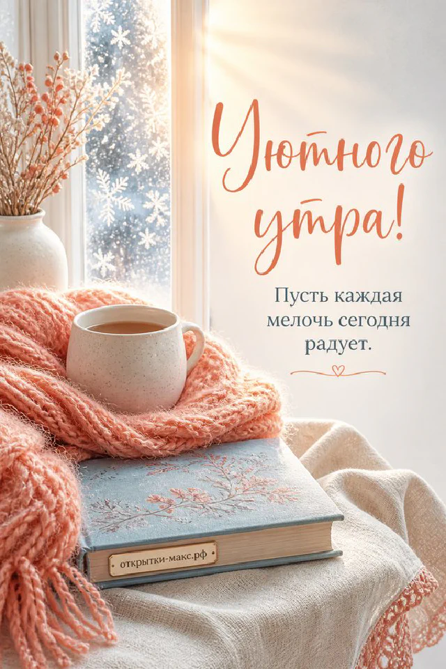 Ваза с садовыми цветами в утреннем свете, надпись «Уютного утра», акварель — вариант 2