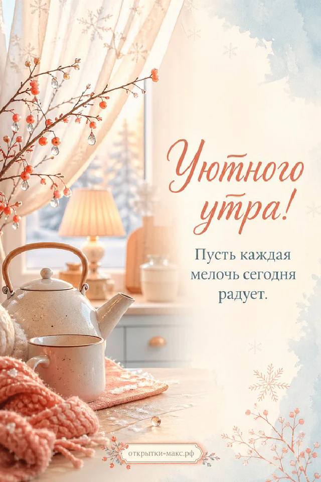 Ваза с садовыми цветами в утреннем свете, надпись «Уютного утра», акварель — вариант 4