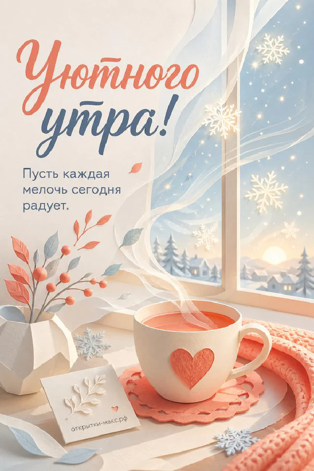 Ваза с садовыми цветами в утреннем свете, надпись «Уютного утра», акварель — вариант 6