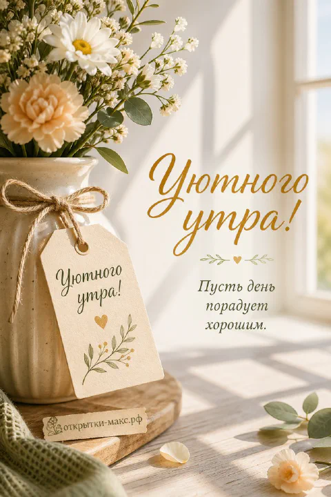 Ваза с ромашками, жёлтыми и белыми полевыми цветами с деревянной биркой у светлого окна