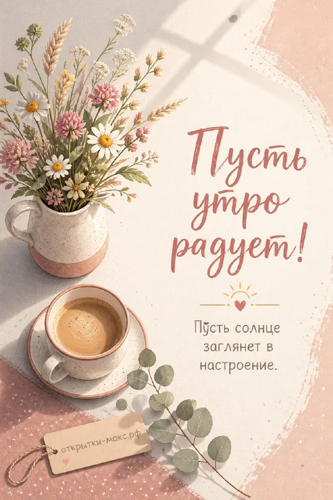 Открытка с вазой полевых цветов, ромашками и чашкой кофе на светлом фоне с надписью «Пусть утро радует»