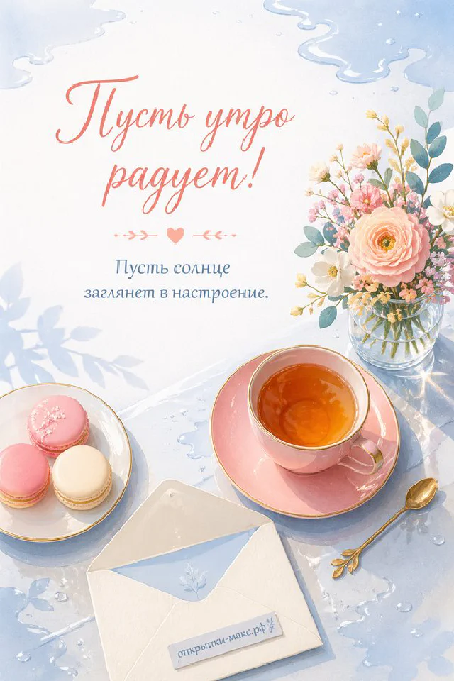 Открытка с вазой полевых цветов, ромашками и чашкой кофе на светлом фоне с надписью «Пусть утро радует» — вариант 2