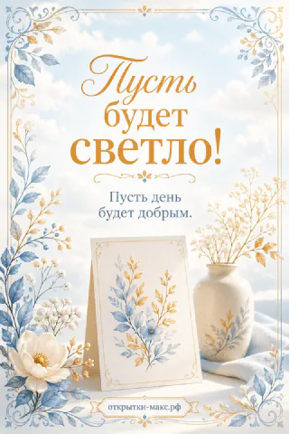 Ваза с голубыми ветками и маленькая открытка-карточка в золотисто-голубой рамке на облачном фоне