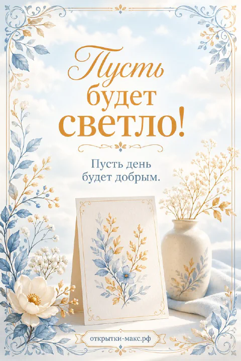 Ваза с голубыми ветками и маленькая открытка-карточка в золотисто-голубой рамке на облачном фоне