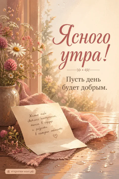 Стеклянная ваза с ромашками и розовыми цветами рядом с письмом и пледом у окна, надпись Ясного утра и пожелание