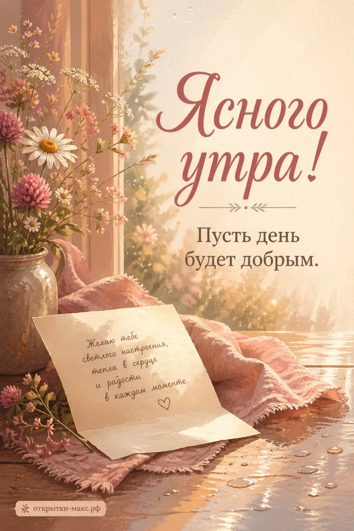 Стеклянная ваза с ромашками и розовыми цветами рядом с письмом и пледом у окна, надпись Ясного утра и пожелание
