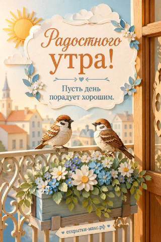 Два воробья сидят на балконных перилах среди голубых и белых цветов на фоне городских крыш и солнца