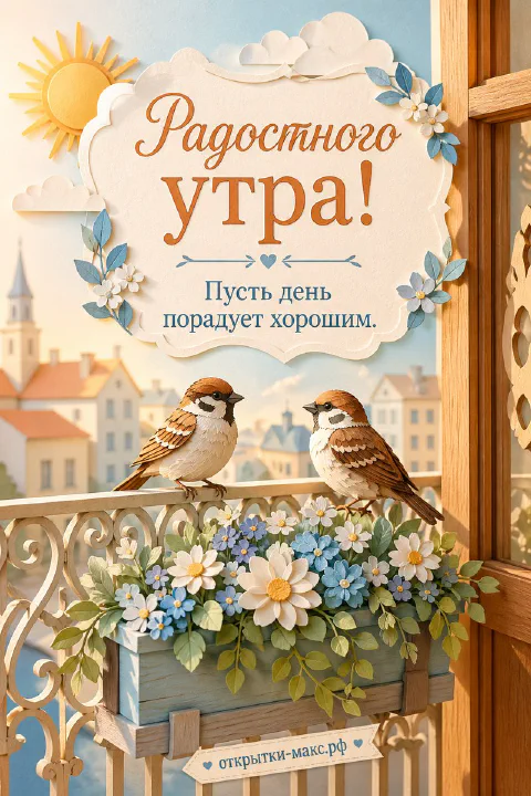 Два воробья сидят на балконных перилах среди голубых и белых цветов на фоне городских крыш и солнца