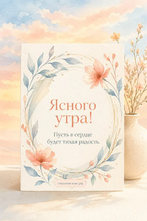 Акварельная открытка «Ясного утра» с венком из розовых цветов и вазой на пастельном небе
