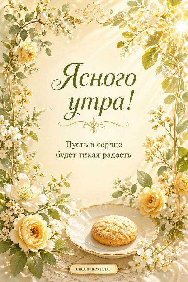 Акварельная открытка «Ясного утра» с венком из розовых цветов и вазой на пастельном небе — вариант 4
