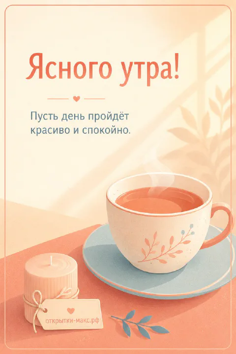 Чашка чая с цветочным рисунком на персиковом фоне со свечой и листьями, надпись «Ясного утра»
