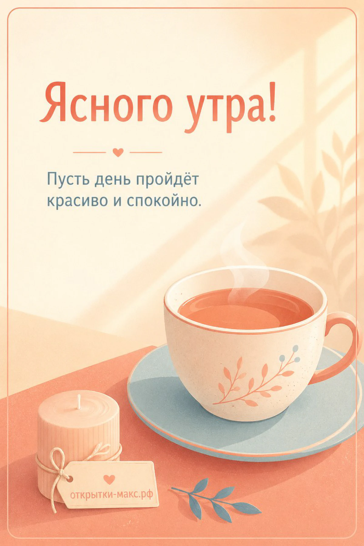 Чашка чая с цветочным рисунком на персиковом фоне со свечой и листьями, надпись «Ясного утра»