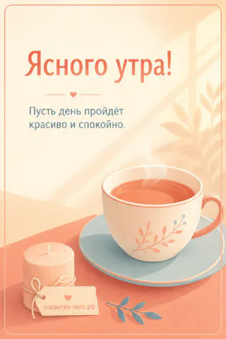 Чашка чая с цветочным рисунком на персиковом фоне со свечой и листьями, надпись «Ясного утра»