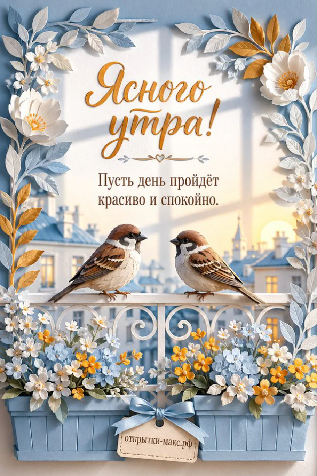 Чашка чая с цветочным рисунком на персиковом фоне со свечой и листьями, надпись «Ясного утра» — вариант 2