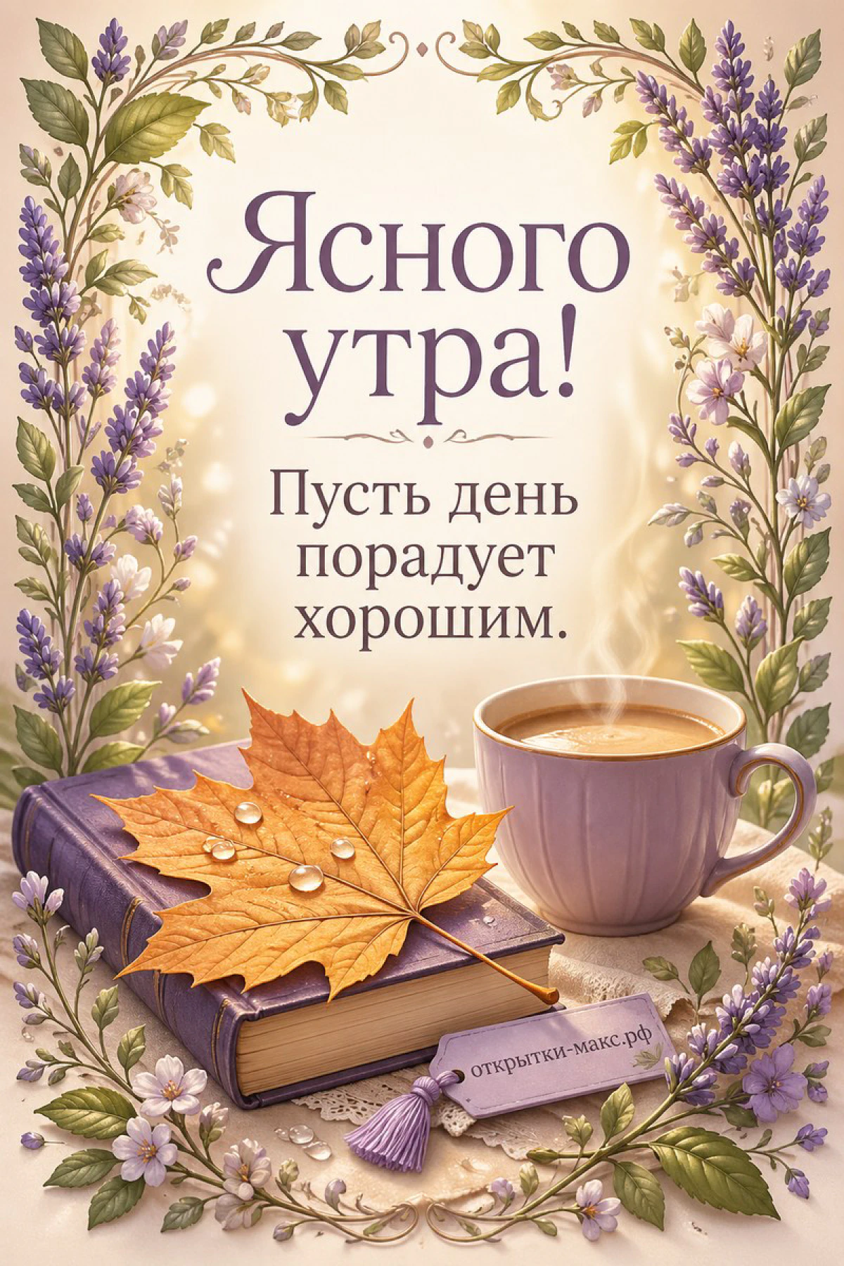 Раскрытая книга с осенним листом клёна, чашка кофе и ветки лаванды в окружении цветочного венка