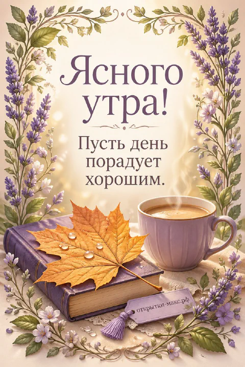 Раскрытая книга с осенним листом клёна, чашка кофе и ветки лаванды в окружении цветочного венка