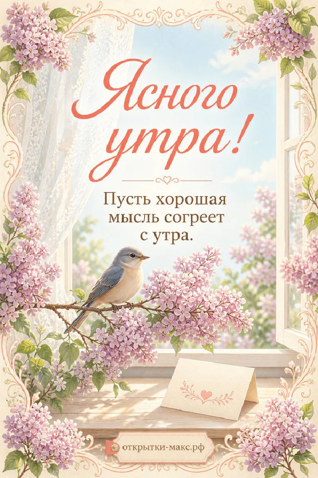 Чашка кофе и букет розовых пионов на пудровом фоне с надписью «Ясного утра!» и пожеланием доброго дня — вариант 2
