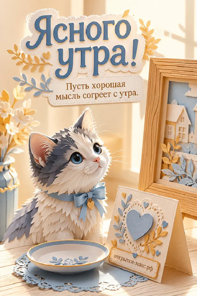 Чашка кофе и букет розовых пионов на пудровом фоне с надписью «Ясного утра!» и пожеланием доброго дня — вариант 3
