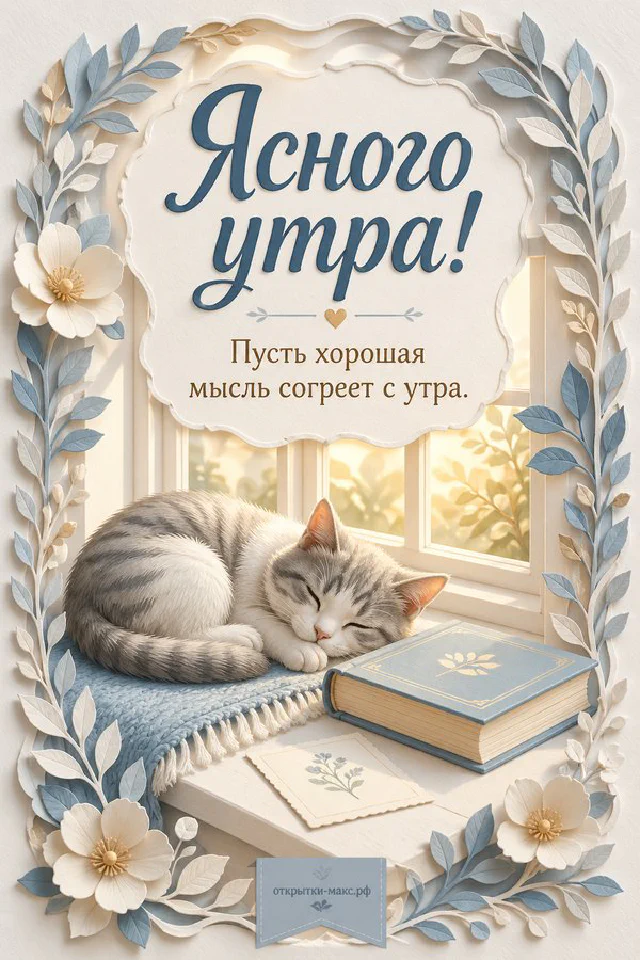 Чашка кофе и букет розовых пионов на пудровом фоне с надписью «Ясного утра!» и пожеланием доброго дня — вариант 4