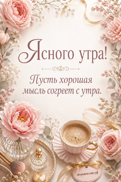 Чашка кофе и букет розовых пионов на пудровом фоне с надписью «Ясного утра!» и пожеланием доброго дня