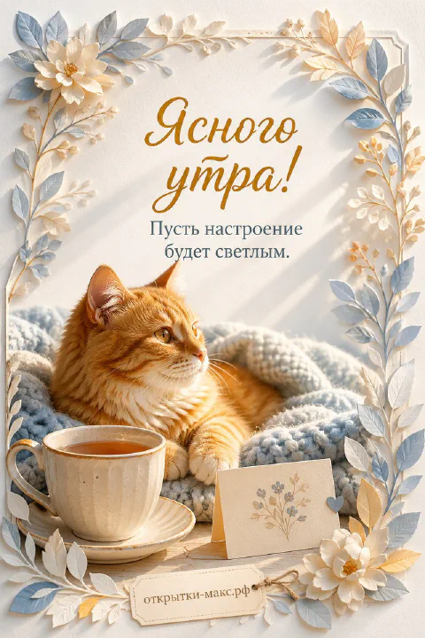 Спящая кошка рядом с чашкой кофе на тёплом пледе, надпись «Ясного утра»