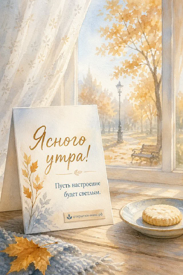 Спящая кошка рядом с чашкой кофе на тёплом пледе, надпись «Ясного утра» — вариант 3